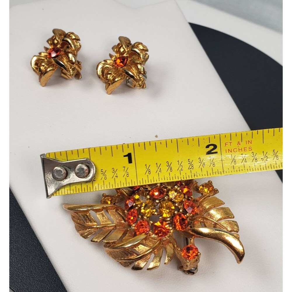 Vintage Flower Orange Yellow Crystal Rhinestone Leaf Brooch Clip On Earring Set - Picture 15 of 16